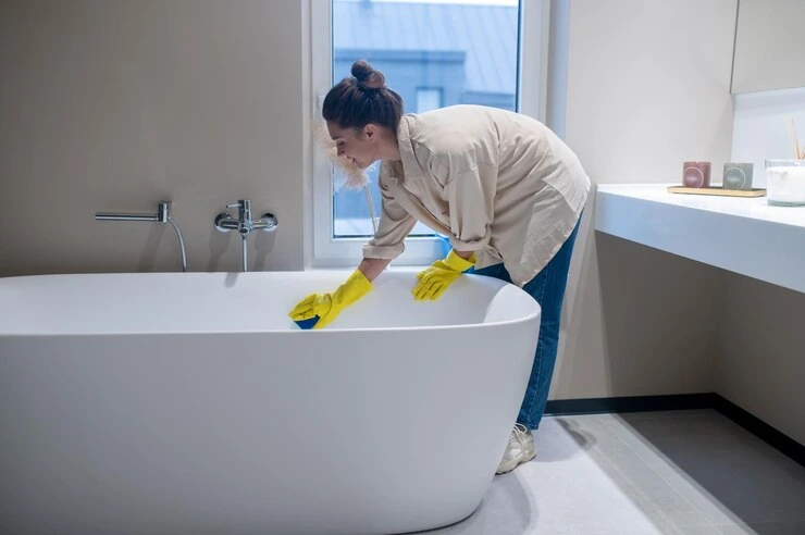 kvinne gjør rent hjemme og desinfiserer badet
